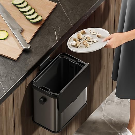 MRBIN Stainless Steel Compost Bin Countertop with Lid, Hanging Trash Can for Kitchen Cabinet Door, Wall Mounted Indoor Recycle Basket Food Waste Scrap Dustbin for Kitchen Under Sink with Inner Bucket