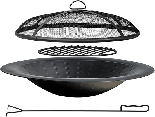 35 inch Steel Fire Bowl for DIY or Replacement Existing Fire Pits, Wood Burning Fire Pit Bowl with Spark Screen &Fire Poker, Fireplace for Backyard, Porch, Deck, Camping, BBQ (Circle Dot)