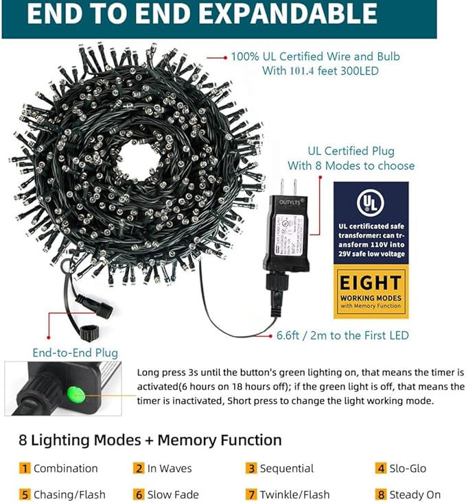 Christmas String Lights End-to-End Plug 8 Modes 108FT 300 LED IP55 Outdoor Waterproof UL Certificated Indoor Fairy Lights Garden Patio Wedding Christma Trees Parties Decoration Warm White
