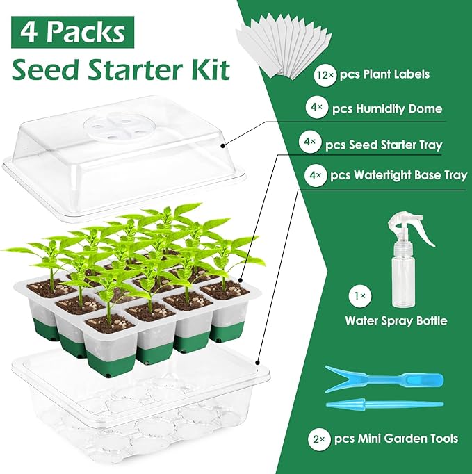 Reusable Seed Starter Tray, 4 Pack Silicone Seed Starter Kit for Starting Plant Seeds with Humidity Adjustable Dome and Lid, Indoor Seed Starting Supplies with Water Spray Bottle for Plants, BPA-Free