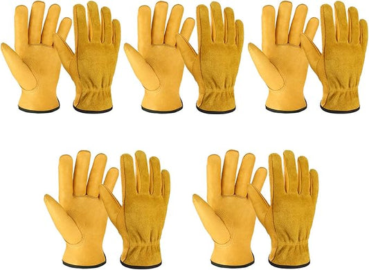 OZERO 5 Pairs Leather Work Gloves Flex Grip Tough Cowhide Gardening Glove for Wood Cutting/Construction/Truck Driving/Garden/Yard Working for Men and Women (Gold,Small)