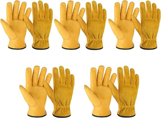 OZERO 5 Pairs Leather Work Gloves Flex Grip Tough Cowhide Gardening Glove for Wood Cutting/Construction/Truck Driving/Garden/Yard Working for Men and Women (Gold,Medium)