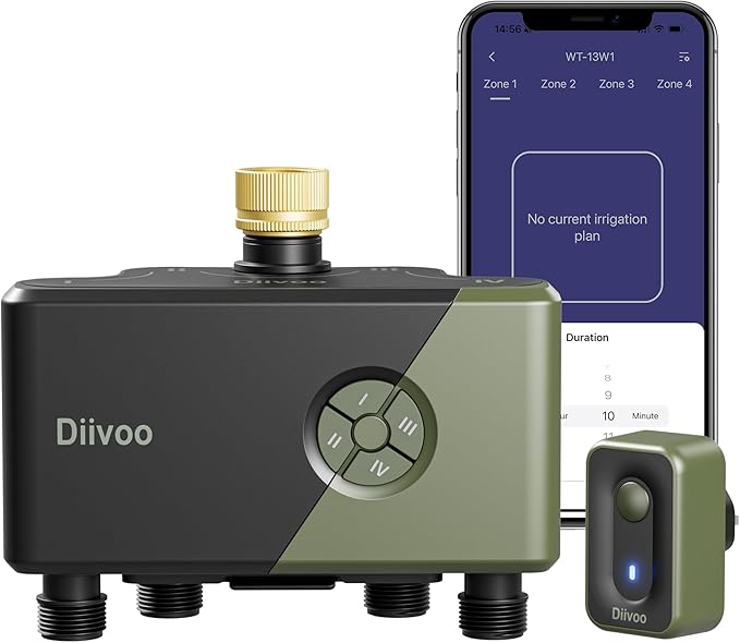 Diivoo WiFi Water Timer 4 Outlets with Brass Inlet, Smart Sprinkler/Hose/Tap Timer Compatible with Alexa & 24 Irrigation Plans & Rain Delay, Garden Watering Systems Controller with 2 Watering Modes
