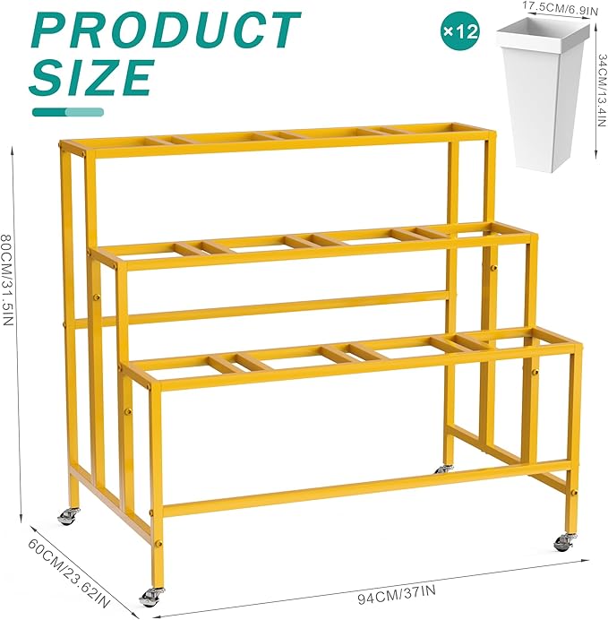 Putros Flower Display Stand with 12 Buckets Gold 3 Layers Metal Floral Cart with Wheels Moving Florist Bouquet Bar Plant Shelf for Indoor Outdoor Patio Garden Party Decor