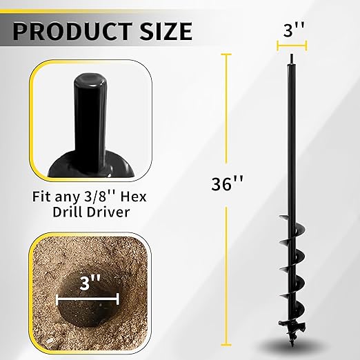 Auger Drill Bit for Planting - 3" x 36" Plant Auger for Cordless Drill - Bulb Planter Tool for Bulbs Planting&Holes Digging - 3/8" Hex Drive Drill