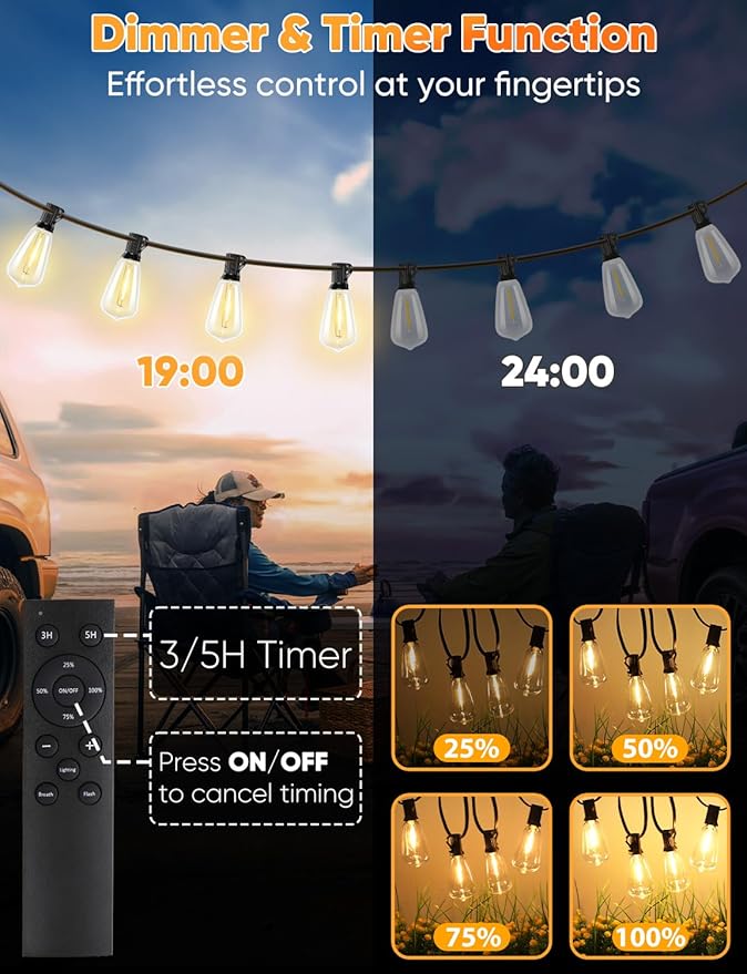 Brightever LED Outdoor String Lights, 150FT Dimmable Patio Lights with Remote Control, 45+2 Shatterproof ST38 Edison Bulbs, 3 Lighting Modes, 3H/5H Timer, Outdoor Hanging Light for Holiday, Party