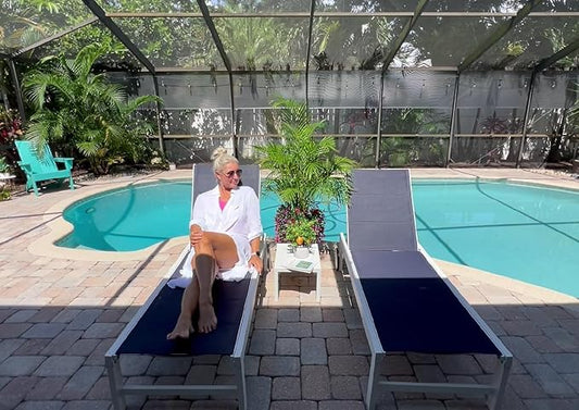 PURPLE LEAF Outdoor Chaise Lounge Set Staight Legs Adjustable Sunbathing Recliner with Side Table for Poolside Beach Outside Patio Aluminum Chaise Lounger Navy Blue