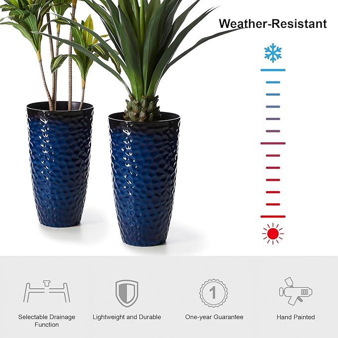 Glitzhome 23.75" H Oversized Tall Planter,Modern Set of 2 Honeycomb Textured Gradient Cobalt Blue Round Garden Plant Pots with Drainage Holes Flower Containers for Indoor Outdoor,Front Porch,Patio