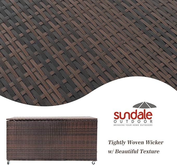 Outdoor 170 Gallon Water-Resistant Wicker Storage Box with Wheels, PE Rattan Deck Box with Waterproof Liner for Outside, Patio Storage Container with Hinged Lid, Horizontal Bin, Brown