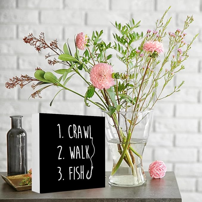 Black Crawl Walk Fish Rustic Wooden Sign, Funny Baby Fishing Wood Block Desk Decor for Home Bedroom Baby Room Shelf Table