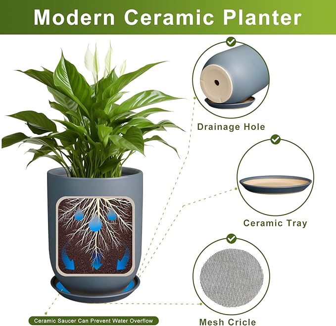 10 Inch Plant Pot - Ceramic Pot for Indoor Plants Outdoor Planter Large Flower Pot with Drainage Hole and Saucer Cylinder Gray