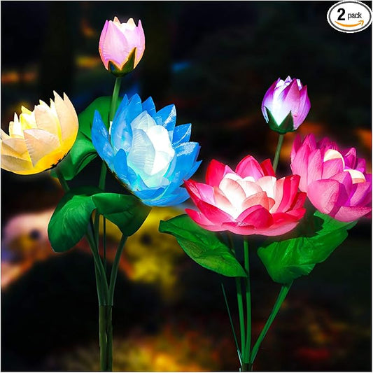 TONULAX Solar Garden Lights, Upgraded 2-Pack, Solar Lotus Flower Lights, Plastic Silk, Multi-Color, LED, Waterproof, Touch Control, 18-Hour Runtime
