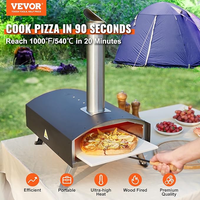 VEVOR Outdoor Pizza Oven, 12-inch Wood Fire Pizza Ovens, Pellet and Charcoal Pizza Maker Outside with Cordierite Stone, Portable Pizza Oven for Backyard Camping, Waterproof Carry Bag, Shovel, Black