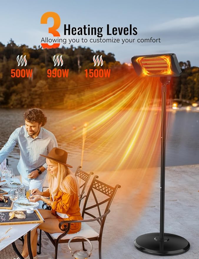 Outdoor Heater, 12H Timer&3 Heat Level, IP54 Waterproof Garage Heater, 1500W Infrared Heating Covers 300Sq.ft, Tip-Over Protection, Towel Bracket,Remote, 83Inch Patio Heaters for Outdoor Use