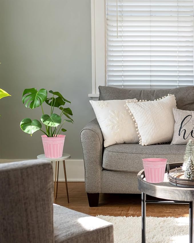 vensovo 5 Inches Pink Metal Rustic Flower Pots - 6 Pcs Small Galvanized Planters with Drainage Hole and Rubber Plug, Rustproof Tin Bucket Plant Pot Farmhouse Vintage Style for Decor