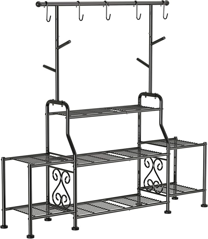 GIOTORENT 3-Tier Tall Metal Plant Stand Indoor Outdoor - Heavy Duty Plant Shelf for Garden, Patio, Balcony with 5 Hanging Hooks, Holds 16-25 Plants, Black