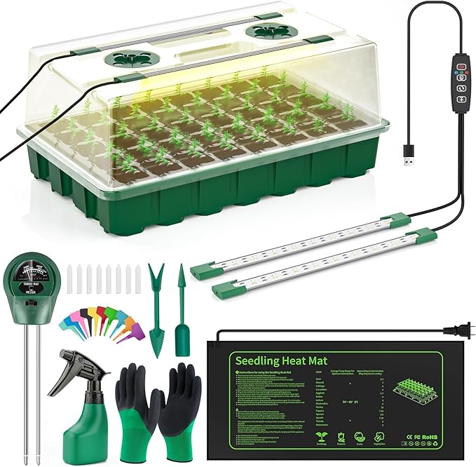 Seed Starter Tray with Grow Light, 40 Cells Seed Starter Kit with Heat Mat, Seedling Starter Trays with Humidity Domes, Automatic Timer, Adjustable Brightness Indoor Greenhouse