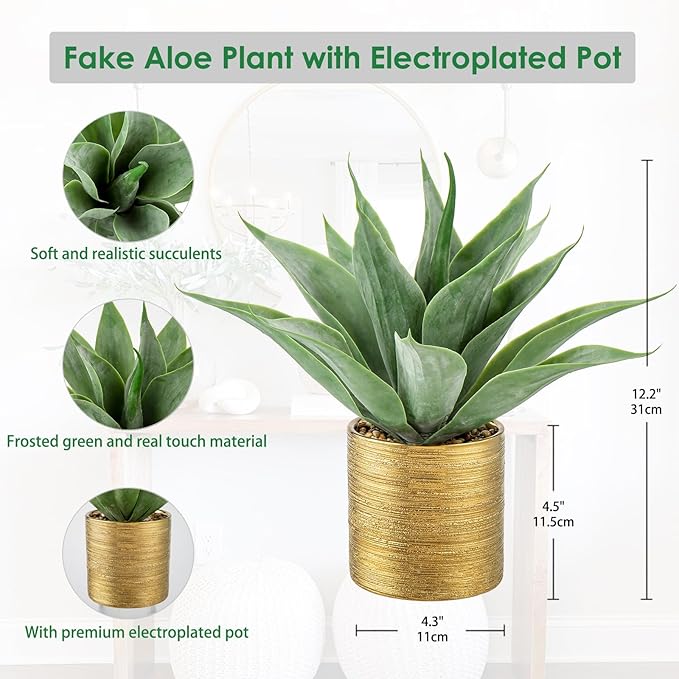 Large Faux Agave Plant Artificial Aloe Vera Plant Fake Succulent Plants in Pot Realistic Agave Plant Artificial Potted Plants for Home Living Room Table Office Desk Bathroom Indoor Decor(Brushed Gold)