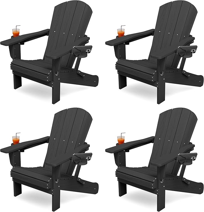 KINGYES Folding Adirondack Chair Set of 4, Dual Cup Holders & All-Weather HDPE, Wood-Like Patio Chair for Backyard, Camping, Pool & Fire Pit, Black