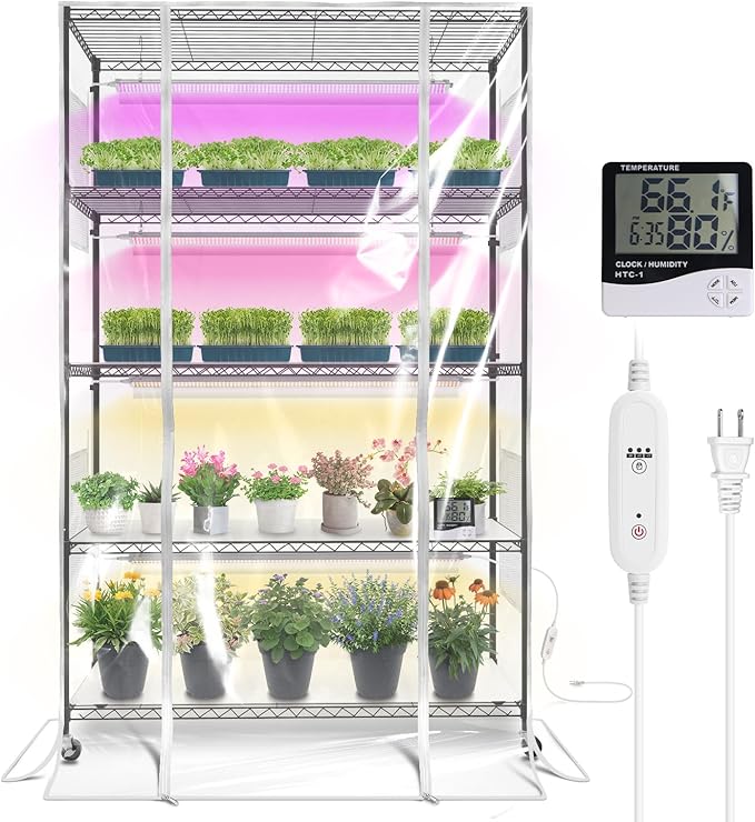 Indoor Greenhouse with Grow Light, Tall Plant Stand with 4 Pack Full Spectrum Plant Lights , 3 Color Modes, Plant Shelf with Tent for Indoor Plant, Seed Starting, Seed Tray, 47.2"x17.8"x70.9"