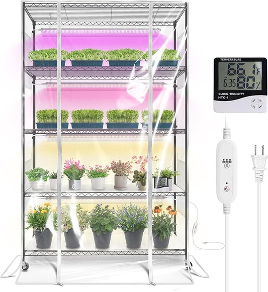 Indoor Greenhouse with Grow Light, Tall Plant Stand with 4 Pack Full Spectrum Plant Lights , 3 Color Modes, Plant Shelf with Tent for Indoor Plant, Seed Starting, Seed Tray, 47.2"x17.8"x70.9"