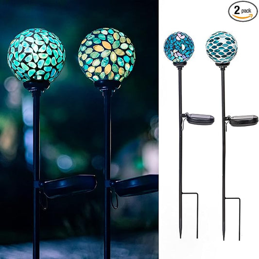 VCUTEKA Solar Lights Outdoor Decorative, Mosaic Solar Garden Light Waterpoof LED Pathway Stake Light for Landscape Lawn Patio Yard Decoration, 2 Pack