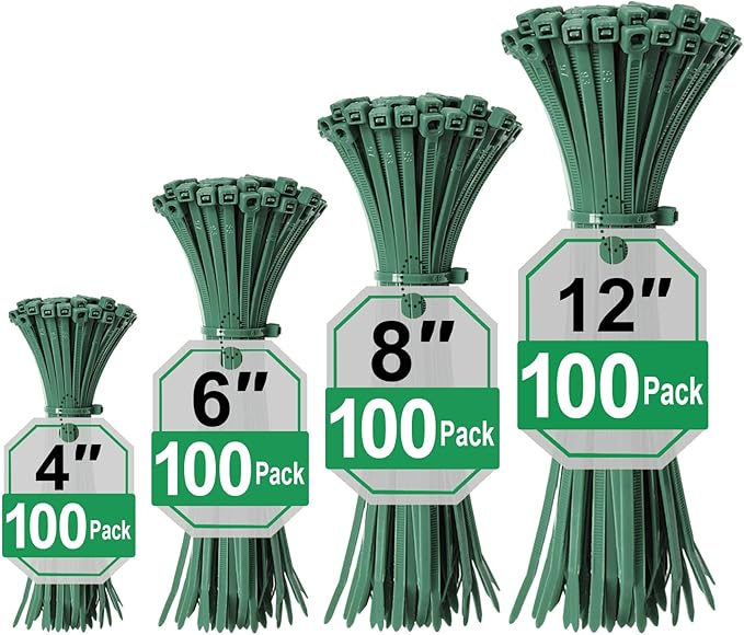 Green Zip Ties Assorted Sizes (4"+6"+8"+12"), 400 Pack, Cable Ties UV Resistant for Garden, Plants, Fence, Holiday Lights, Yakobela