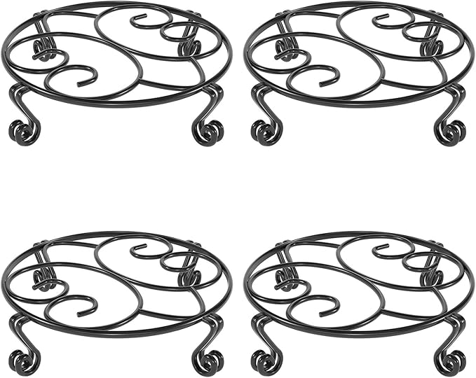 Yimobra 4 Pack Plant Stand for Flower Pot Heavy Duty Potted Holder Indoor Outdoor Metal Rustproof Iron Garden Container Round Supports Rack for Planter (4PC Black 11.8 x 3.1IN)