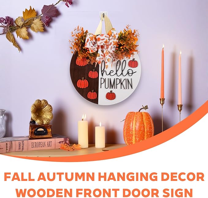 3D Hello Pumpkin Wooden Sign, Fall Outdoor Wreath for Front Door with Bow & Wreath | Fall Autumn Harvest Farmhouse Hanging Decor | Indoor Outdoor Porch, Wall, Home Decor