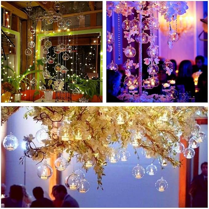 18 Pcs Clear Hanging Glass Candle Holder Decorative Hanging Chandeliers, 3.15"/8cm Led Light Candleholders Mini Home Decor Planters, Small Plant Terrarium Globes for Garden Wedding Party Decoration