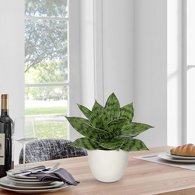 Hollyone Artificial Snake Plants 9" Faux Agave Succulent Plant Potted in White Pot Fake Sansevieria Aloe Tropical Plant for Desk Modern Office Home Bathroom Indoor Outdoor Decor