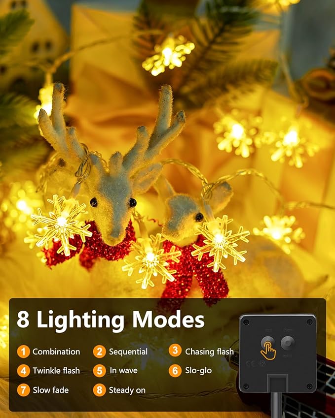 Brightown Solar Christmas Snowflake String Lights 50 LED 31 FT Outdoor Waterproof Snowflake Fairy Lights with 8 Lighting Modes for Christmas Party, Tree, Room, Garden, Patio, Yard, Home, Warm White