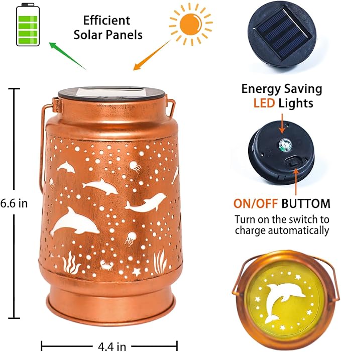 Dolphin Solar Lanterns Outdoor Waterproof Hanging Solar Lights Dolphin Gifts for Women Men Metal Decorative LED Dolphin Lanterns for Garden Decor,Yard,Patio,Lawn,Tabletop,Pathway,Landscape