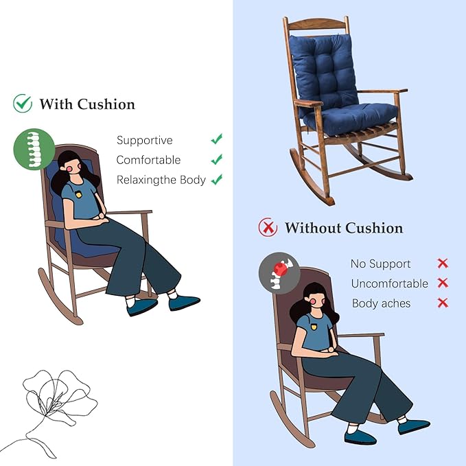 1 Pack Patio Chair Cushion, Rocking Chair Cushion with Ties Overstuffed Seat Back Cushion Pad for Outdoor Indoor Use, Blue