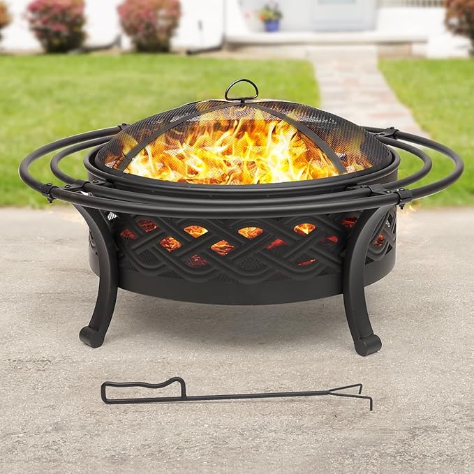 36 Inch Fire Pit with 2 Loops,Crossweave Wood Burning Fire Pits for Outside,with Spark Screen,Fire Poker,Round Outdoor Firepit for Patio,Yard,Garden,Camping,Bonfire(36''Black)
