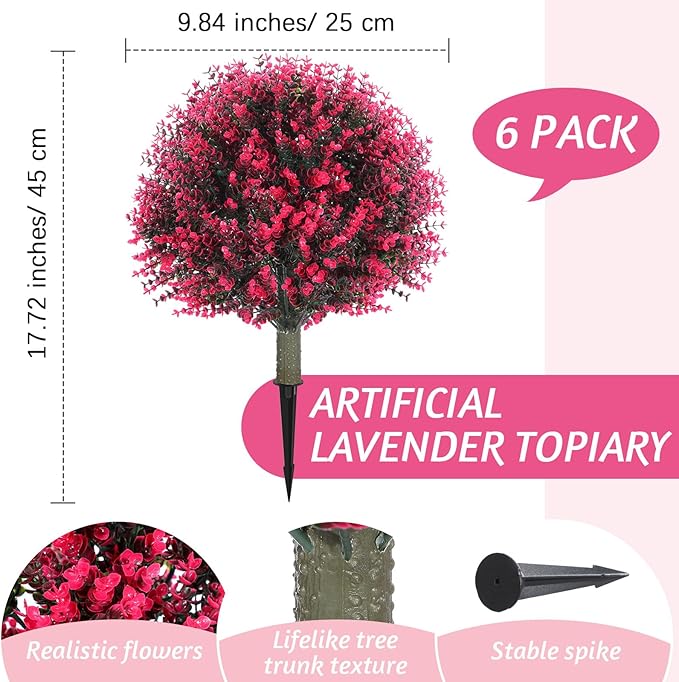 Yunlly 6 Pcs 18 Inch Artificial Boxwood Ball Topiary Tree Fake Outdoor Plants Bush, UV Resistance Faux Shrubs with Spike Realistic Greenery Potted for Indoor Garden Yard Porch Patio Decor (Rose Red)