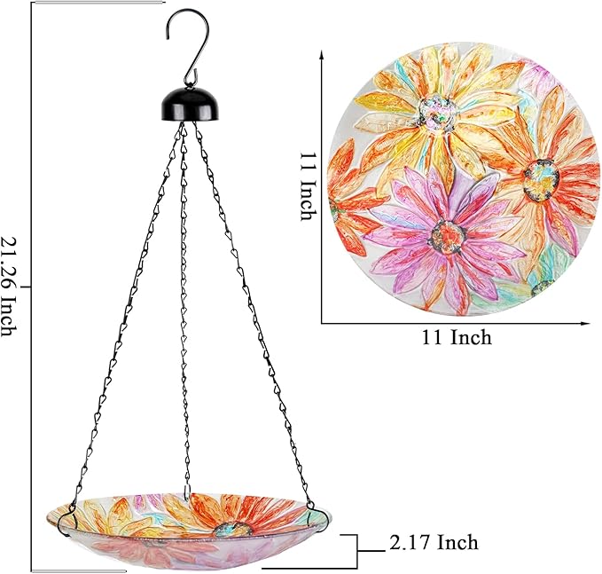 VCUTEKA Hanging Bird Bath, Glass Bird Baths for Outdoors Birdfeeder with 21 inch Rust-Proof Chain for Garden Yard Decor, Flower