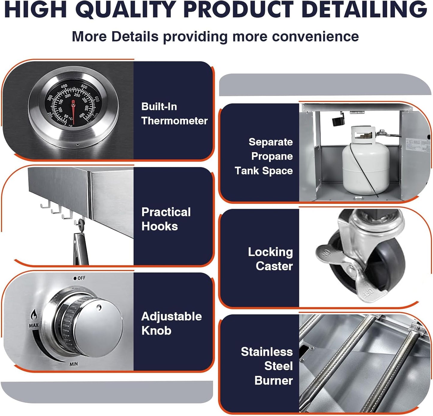 Llamaviva 5 Burner Propane Gas Grill with Side Burner,Stainless Steel BBQ Grill with Porcelain-Enameled Cast Iron Grates, 68000 BTU Cabinet-Style Cart Design for Outdoor Patio Barbecue- food clip