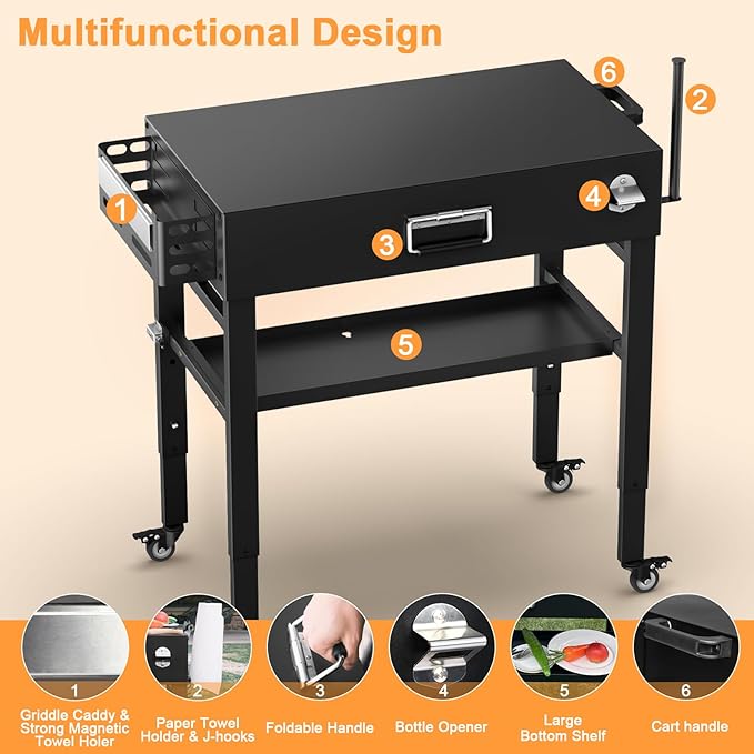 28" and 34" Upgrade Height & Quick-Fold Portable Grill Cart for Ninja Woodfire (OG700 Series), MO201 OO101 Pizza Oven, Blackstone 17"/22" Griddle – Outdoor Ninja Grill Stand with 4 Swivel Wheels
