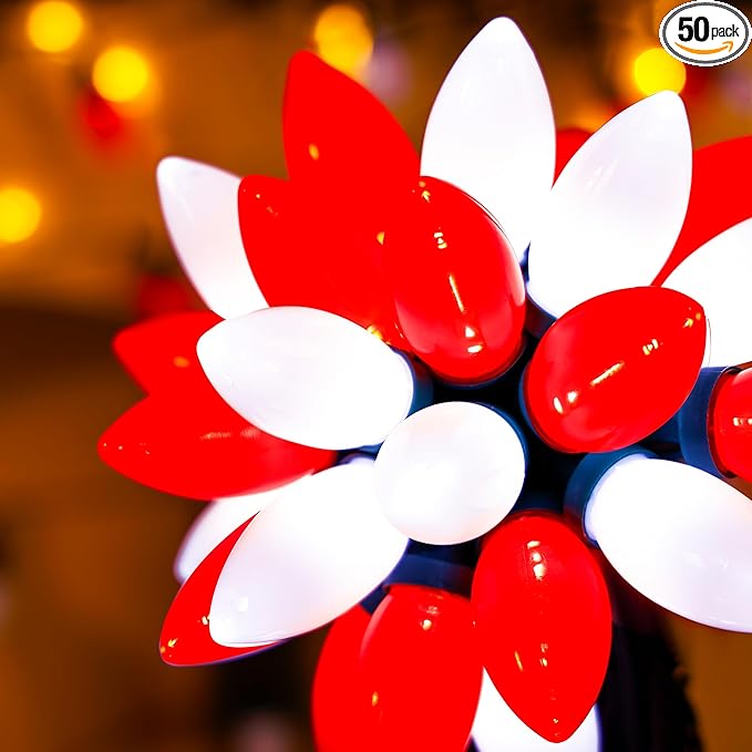 C9 Bulbs Classic Christmas Lights - 50 LED 32ft Strawberry String Light Red&White - Extendable 8 Modes Funtion with Timer Fairy Lighting for Outdoor, Indoor, Party, Home, Tree Decorations