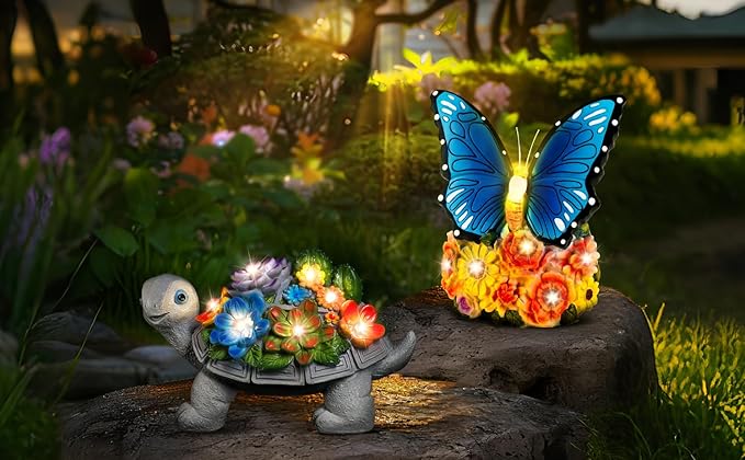 Linkax Solar Lights Outdoor LED Figurine Garden Decor for Outside Patio Yard Home, Easter Mothers Day Birthday Gifts for Women Mom Grandma Wife Daughter, A Bundle of Turtle and Butterfly Statues