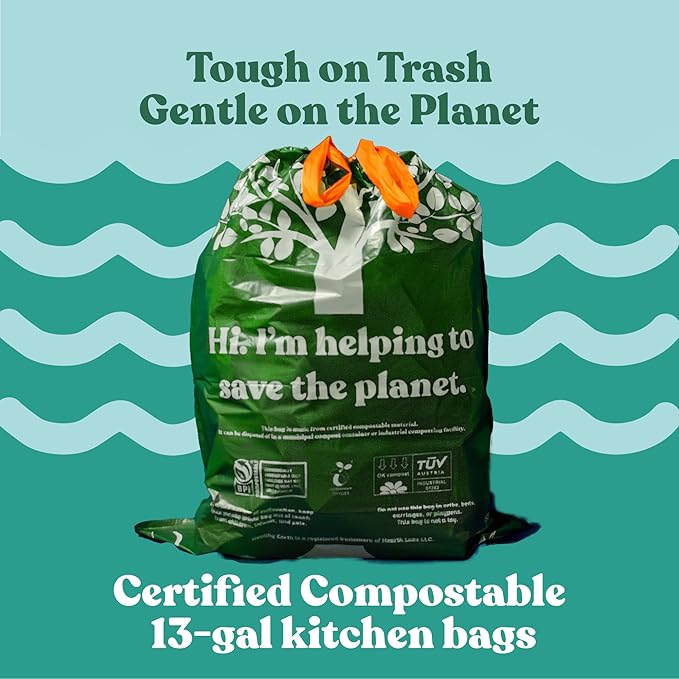 Healthy Earth 13 Gallon Compostable Trash Bags – Tall Kitchen Garbage Bags with Drawstring Handles, Extra Thick Plant-Based Liners, BPI & TÜV Certified ASTM D6400, Heavy Duty Leak-Proof (60 Count)