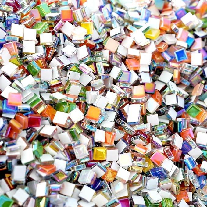 1100pcs Mixed Colors Iridescent Mosaic Tiles, 2.2lbs Crystal Glass Tiles, 3/8" Square Mosaic Tiles with Smooth Edges, 1KG Small Stained Glass Pieces Great for DIY Mosaic Crafts, Home Decor