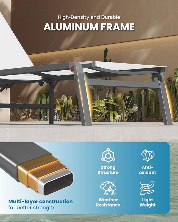 Chaise Lounge Outdoor, Foldable Aluminum Pool Lounge Chairs with 5 Positions Recliner - Free Assembly - Patio Chaise Lounge Chair for Poolside, Beach, Yard (White)