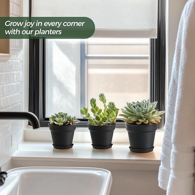 T4U 4 Inch Plant Pots 8-Pack, Small Flower Pots with Drainage Hole and Saucer, Decorative Nursery Pot Bulk for African Violet, Snake Plant, Succulent, Herb and Plants Indoor (8 Pcs 4" Pots, Black)