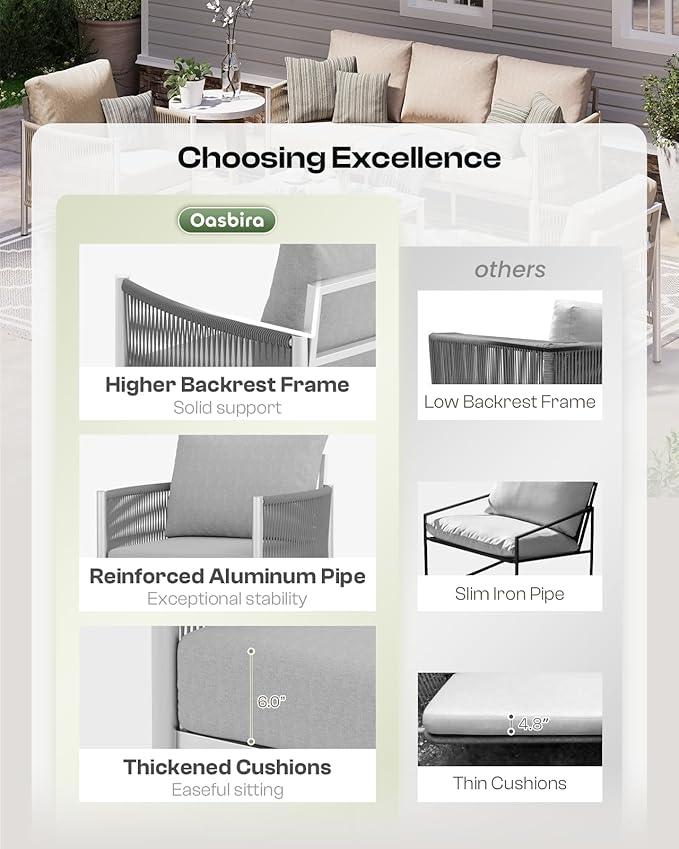 Aluminum Outdoor Sofa Armchair, HDPE Rope Patio Couch with Washable Thick Cushion, All-Weather Outdoor Patio Chairs Set of 2 for Balcony, Yard, Silver Frame, Silver