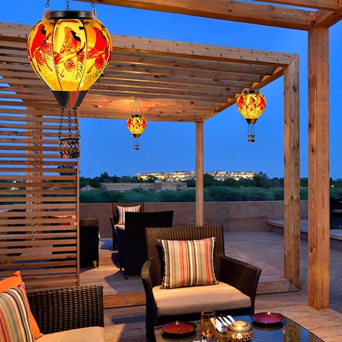 2 PCS Cardinal Solar Hot Air Balloon Lantern with Flame, Glass Balloon Lantern Outdoor Waterproof, Hanging Hot Air Balloon Solar Light, Cardinal Gifts for Mom Woman