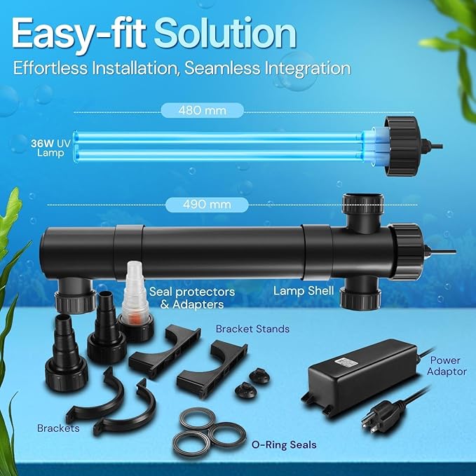 Flexzion Pond UV Lights for Outdoor Ponds - 36W Large Light, 9246-Gal Capacity, 4500L/H UV Pond Clarifier for Outdoor Ponds, Clears Water in Days (CUV-136)