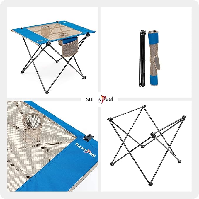 SUNNYFEEL Outdoor Folding Table | Lightweight Mesh Compact Camping Table, Roll Up Top 2 People Portable Camp Tables with Carry Bag for Picnic/Cooking/Beach/Travel/BBQ