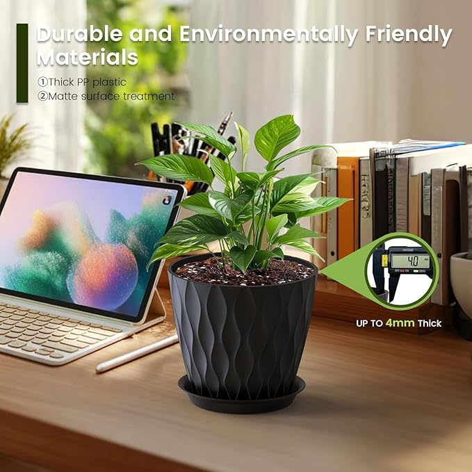 7 inch Plant Pots for Indoor Outdoor Plants, 5 Pack Thick Nursery Pots with Drainage Holes and Saucers, 3D Modern Wave Texture Plastic Planter Pots for Flowers and House Plants, Black